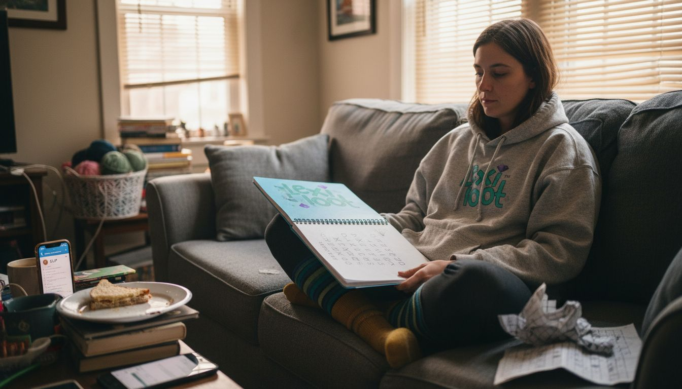 Woman solving word ladder puzzle on sofa