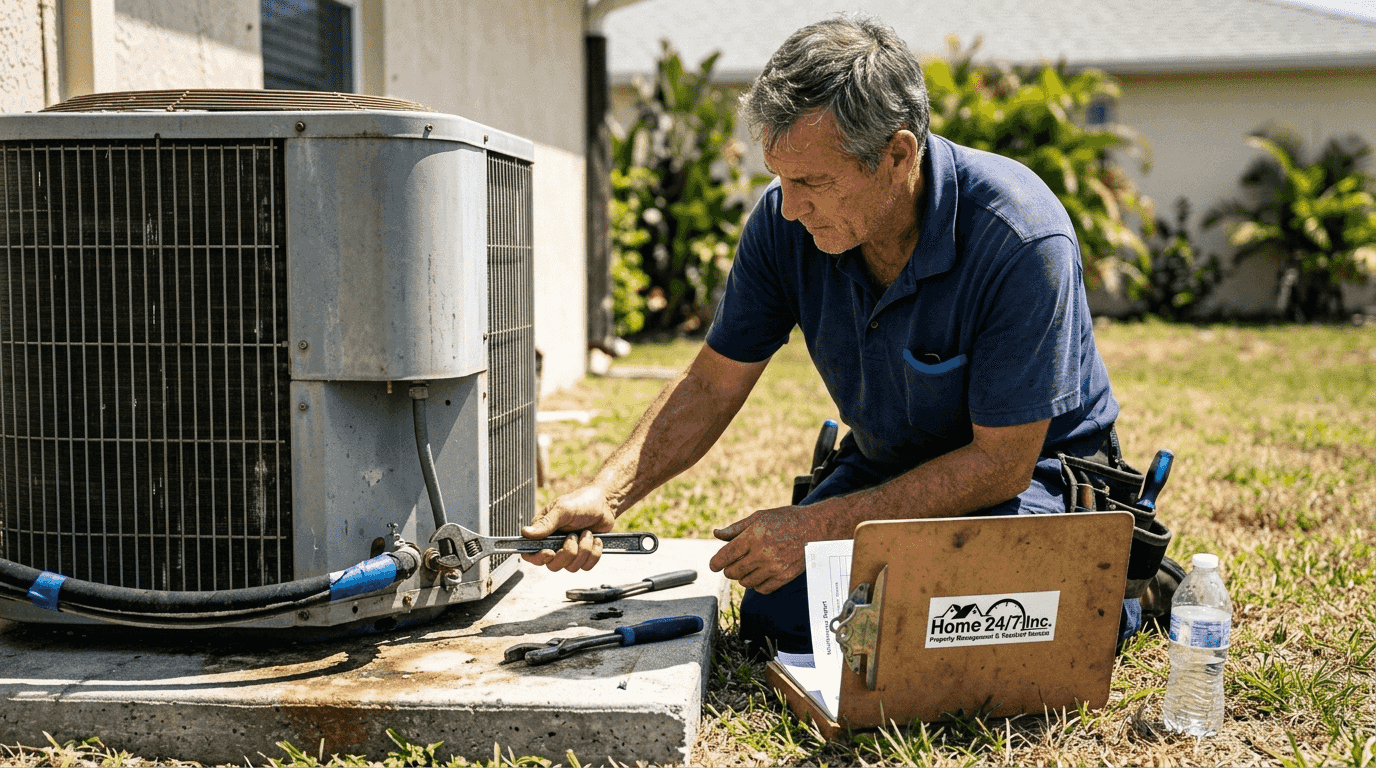 Handyman repairing AC unit at rental home