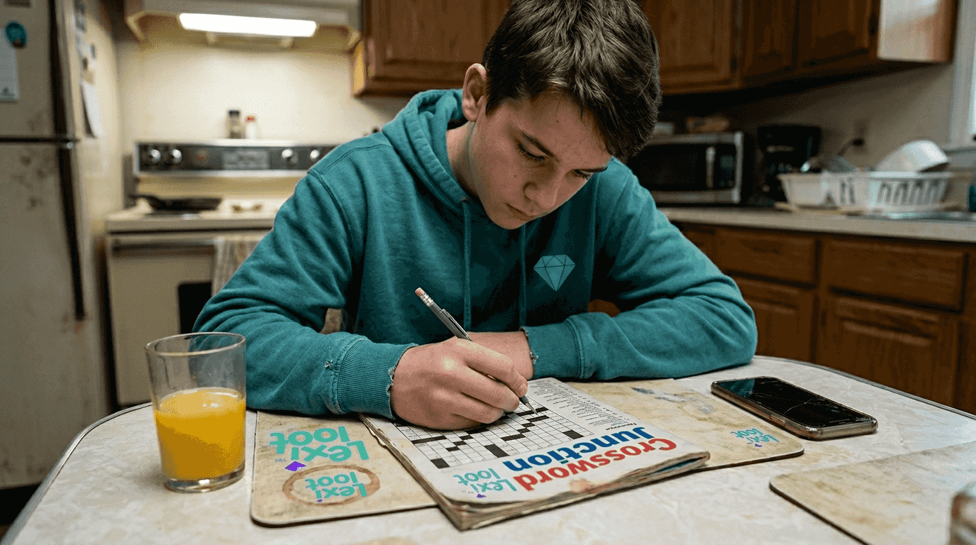 Teen solving crossword at kitchen table