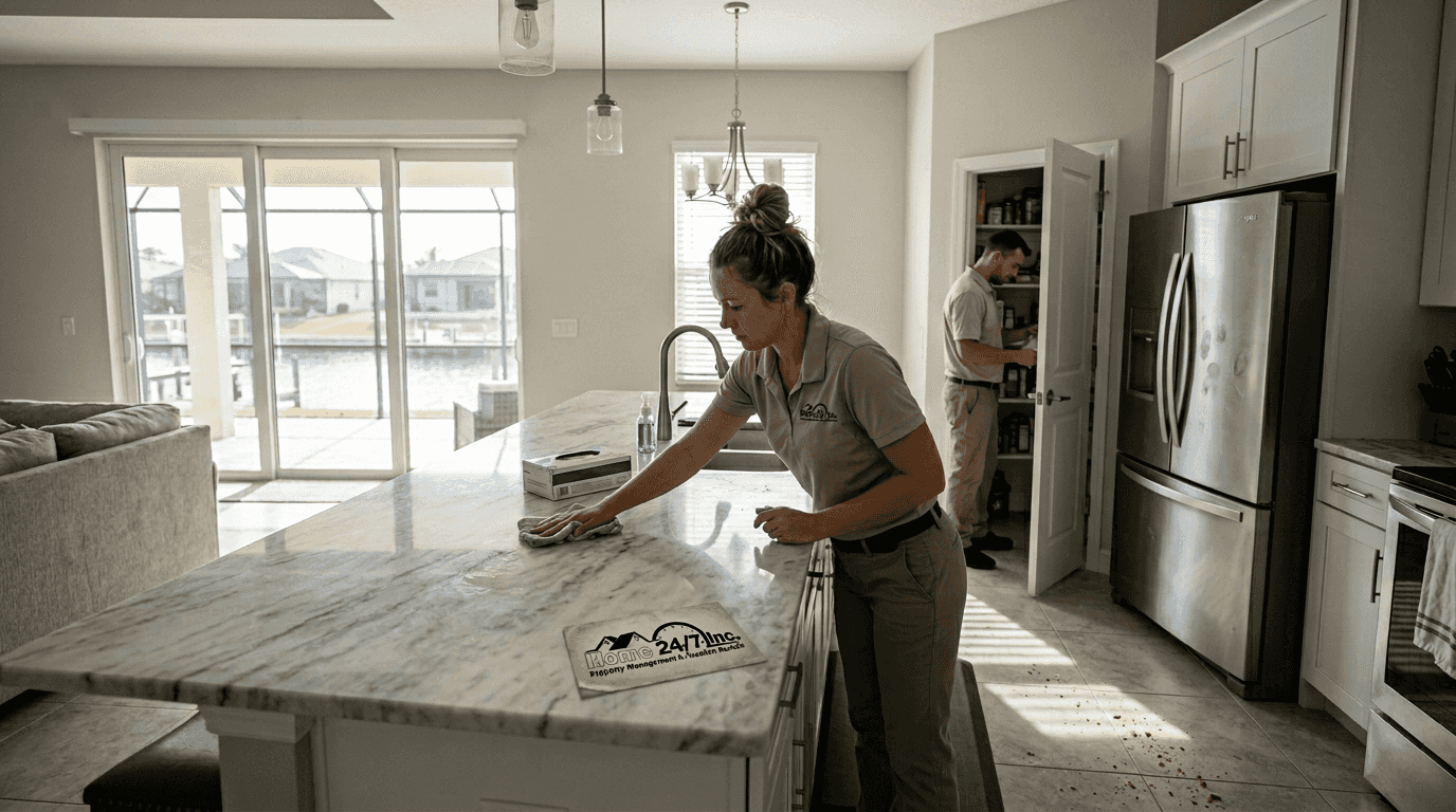 Cleaning staff preparing vacation rental kitchen
