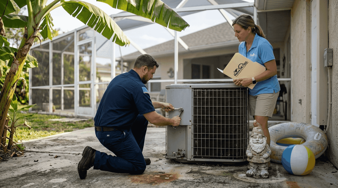 Why rely on local property managers in Cape Coral for vacation rentals 2 Technician and manager at AC unit in backyard