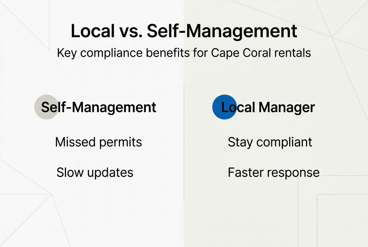 Why rely on local property managers in Cape Coral for vacation rentals 1 Infographic comparing local and self-management compliance