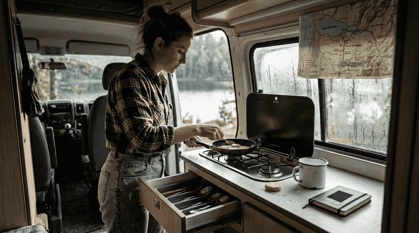 A woman prepares food inside her camper van, next to a lake.