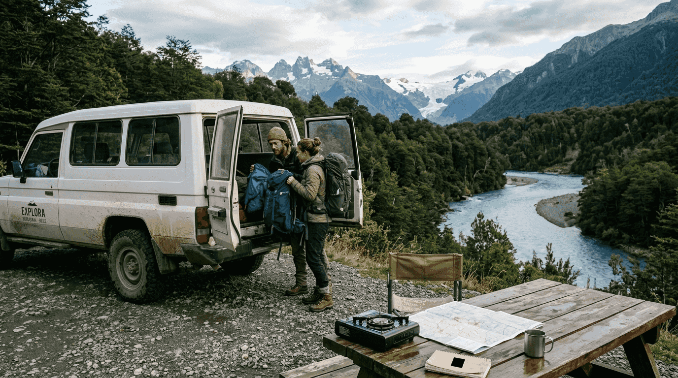 Travelers getting their camper ready before traveling the Carretera Austral