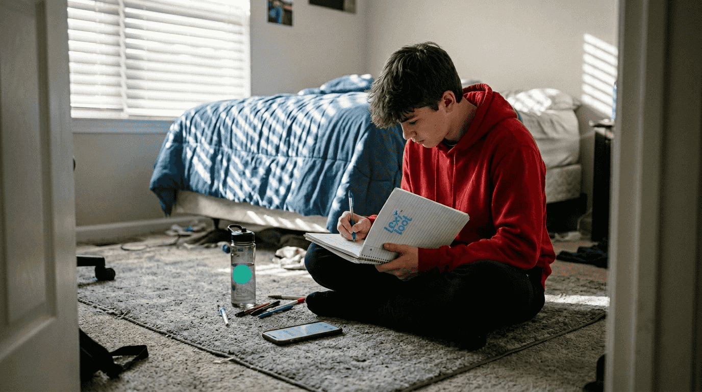 Teen playing categories game in casual bedroom setting