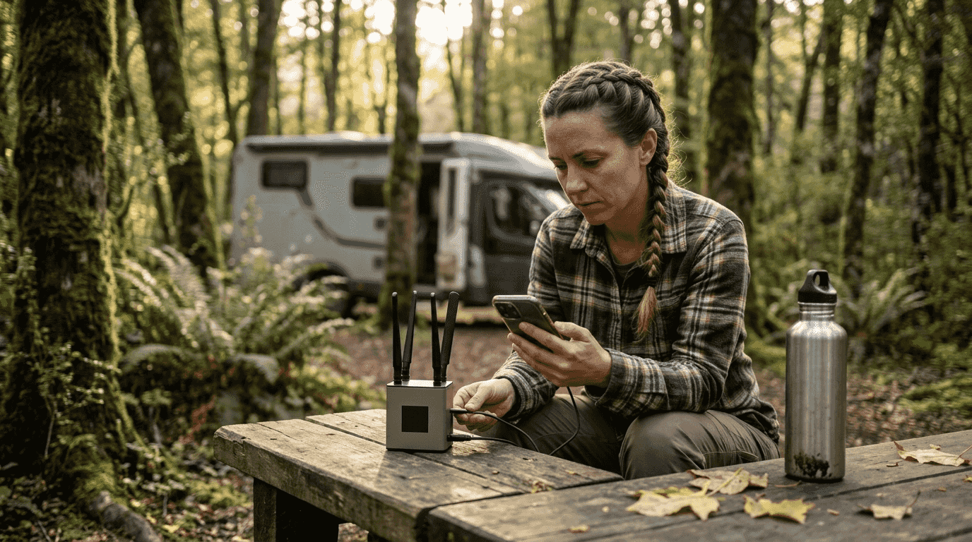 Female traveler consulting an offline app in a remote area