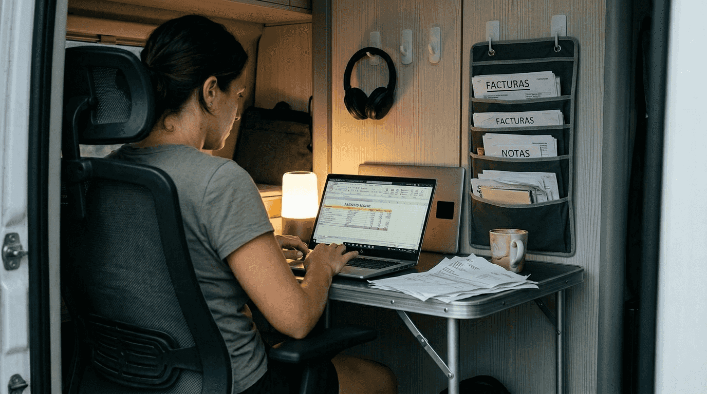 Camper van equipped as a mobile office for remote work