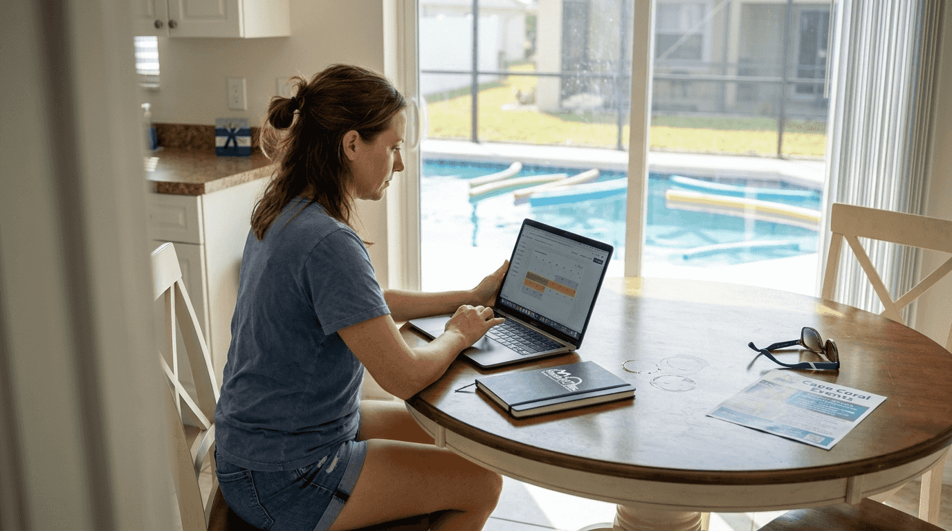 Advantages of short-term rentals for Cape Coral homeowners 1 Owner managing booking calendar at kitchen table