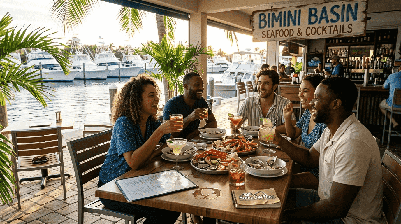 Friends enjoying seafood at Bimini Basin terrace