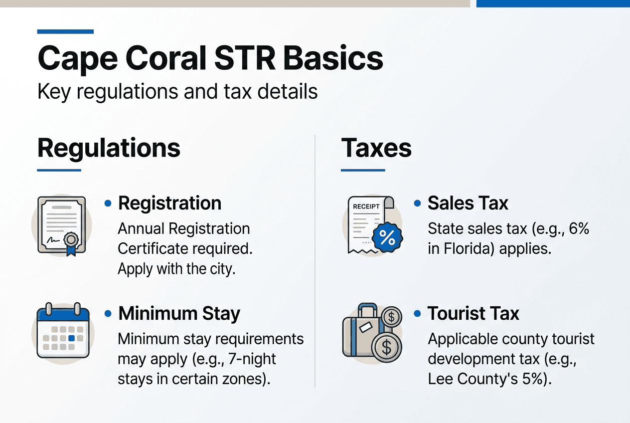 What is short term rental? Cape Coral 2026 guide 2 Infographic of Cape Coral STR rules and taxes