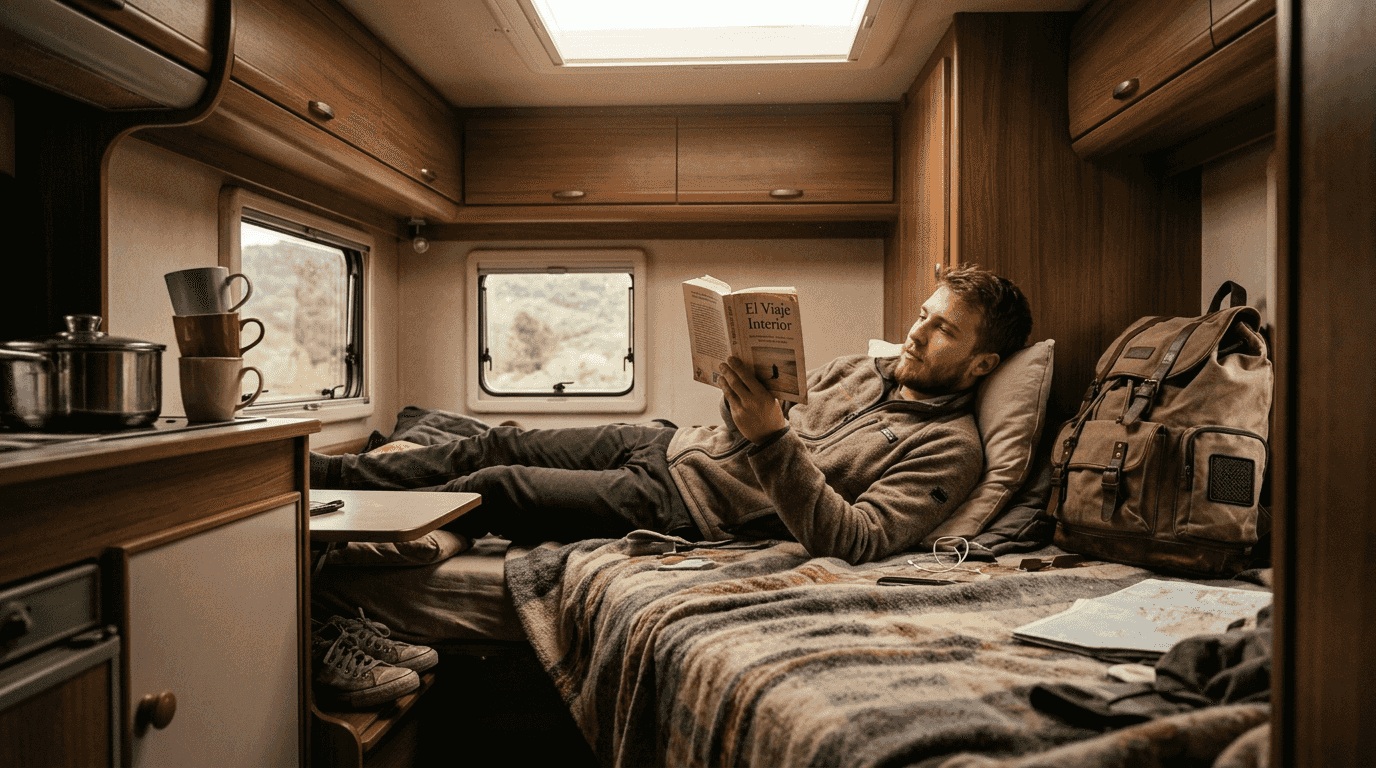 Persona disfrutando de un merecido descanso en el interior de su autocaravana, rodeado de comodidad.