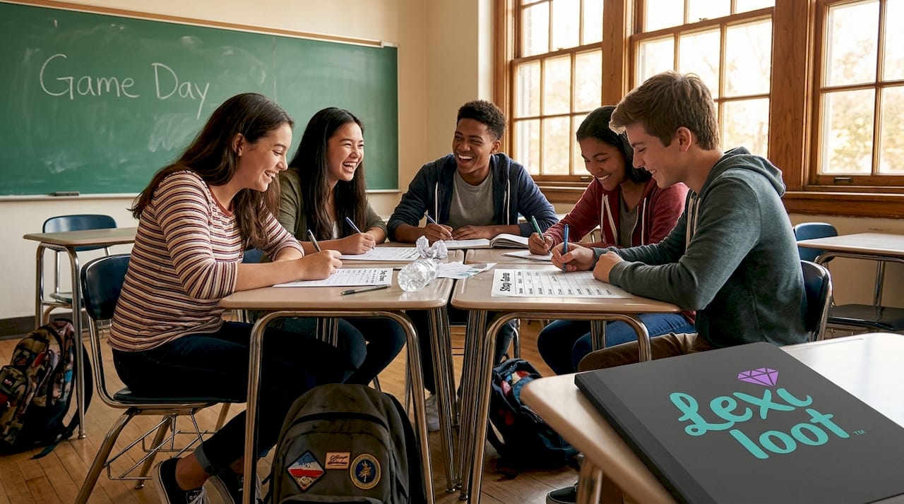 Teens racing stop game in classroom setting