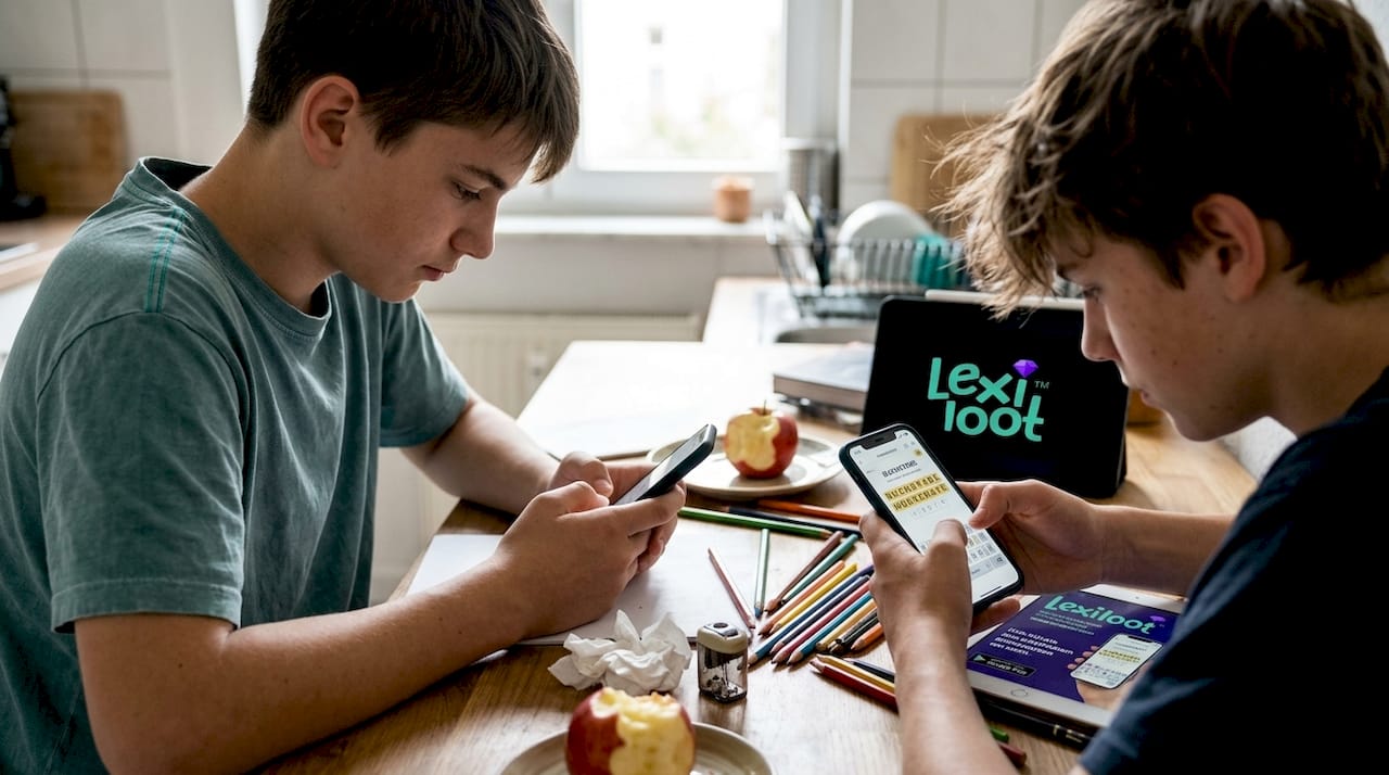 Zwei Schüler knobeln gemeinsam an einer Wortspiel-App.