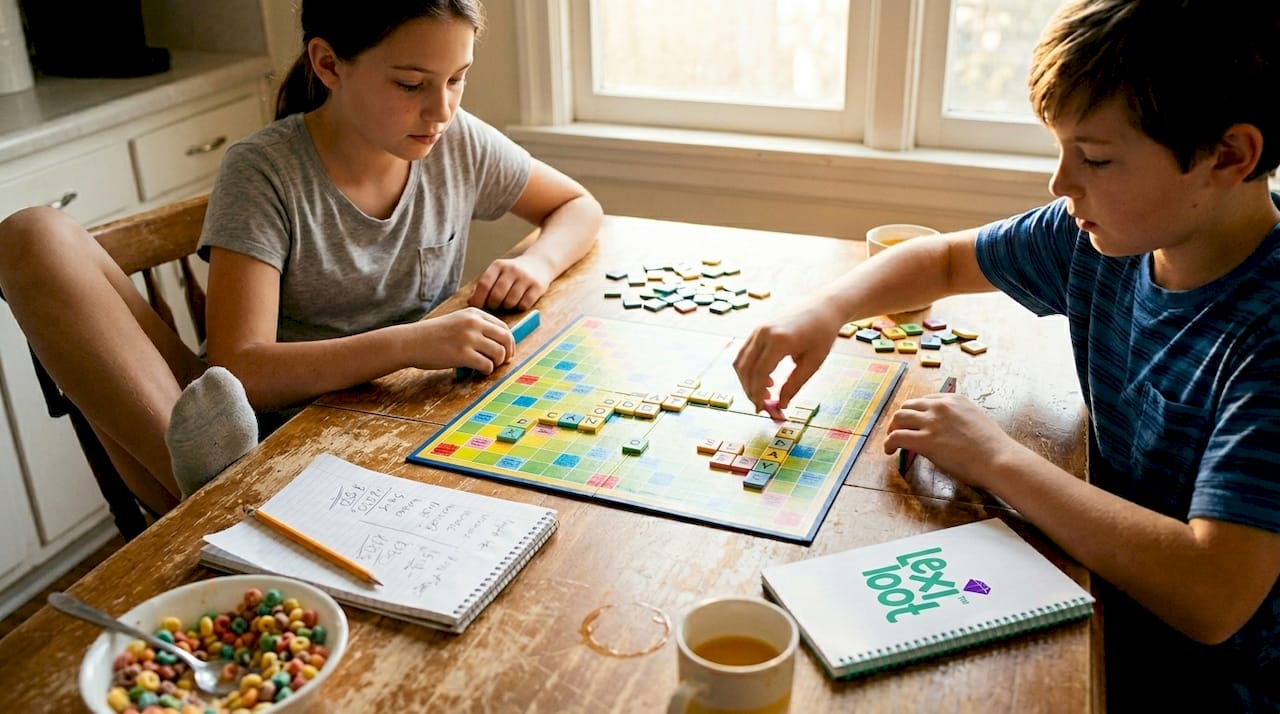 Pre-teens playing strategic word board game