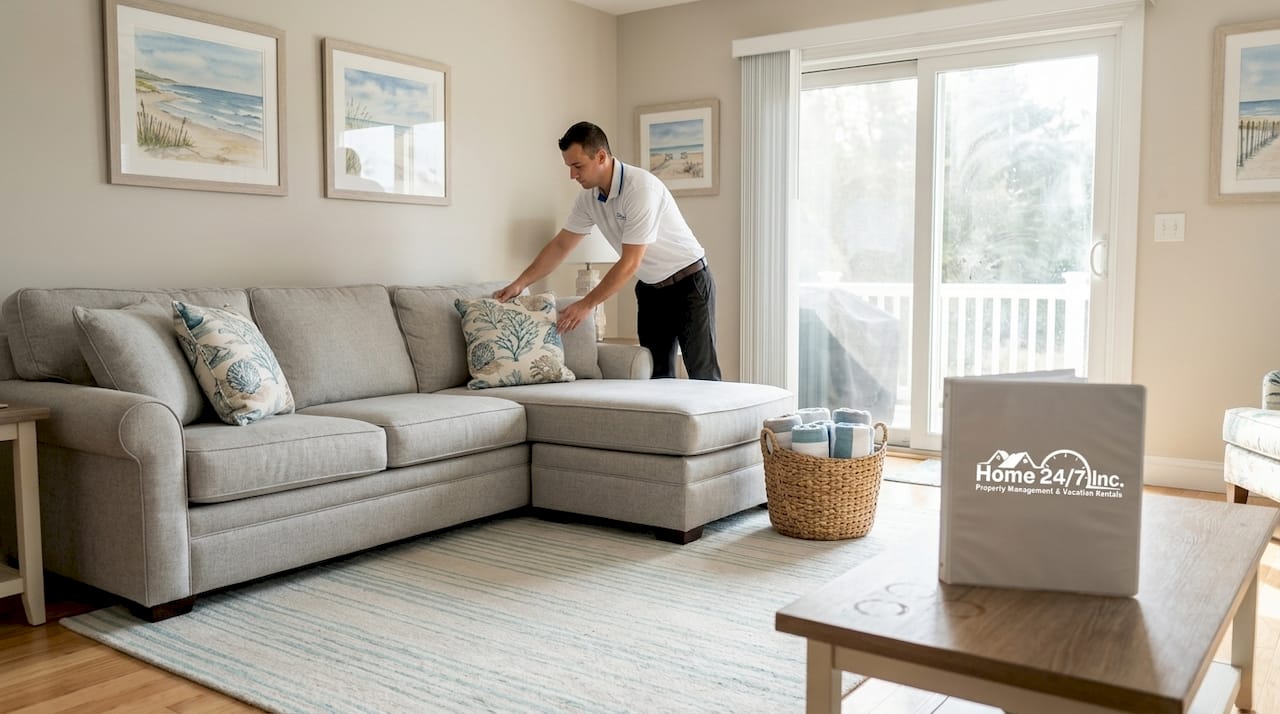 Cleaners arranging pillows in coastal living room