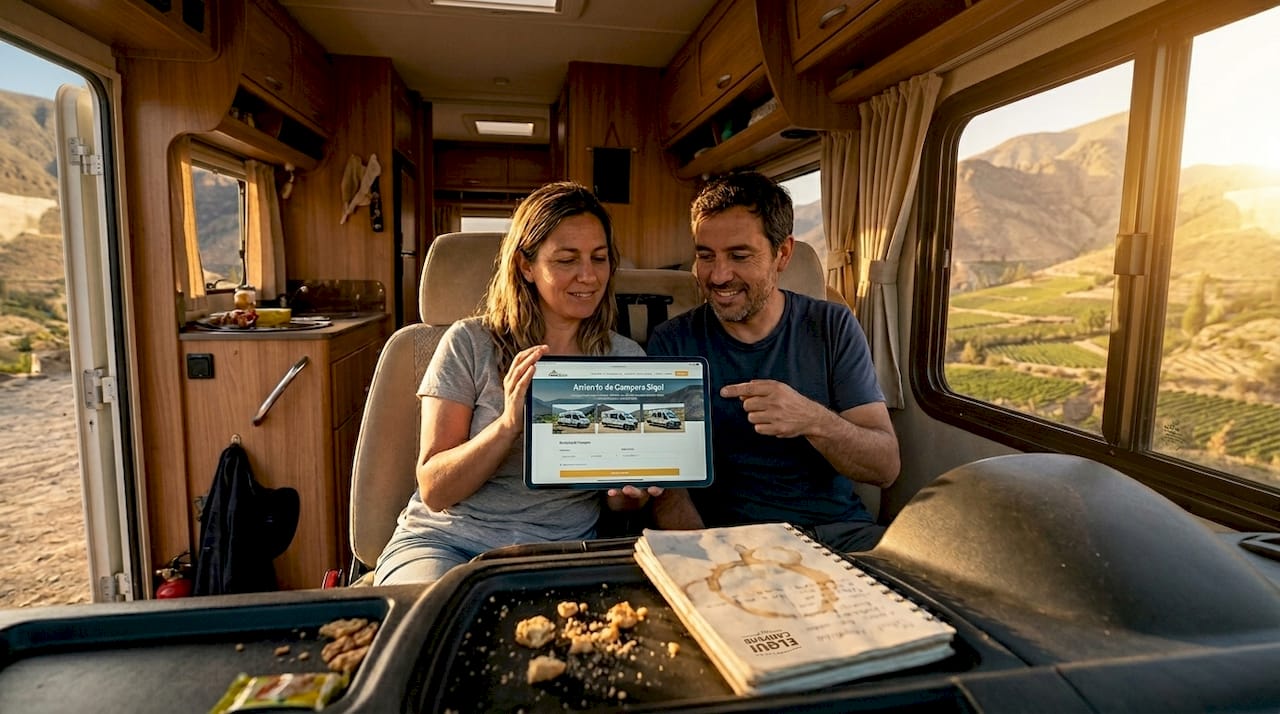 Una pareja chilena disfruta revisando información en su tablet dentro de su camper, rodeados de la tranquilidad del viaje.