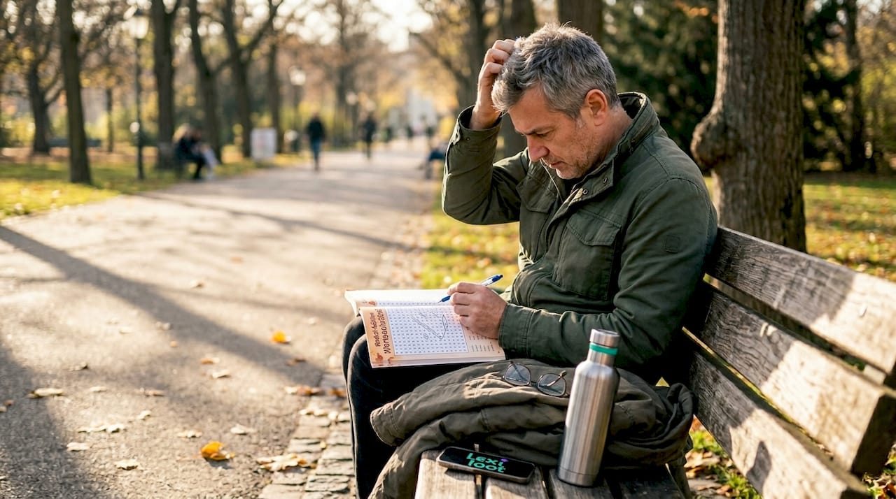 Ein Mann sitzt im Stadtpark und knobelt an einem Wortsuchrätsel.