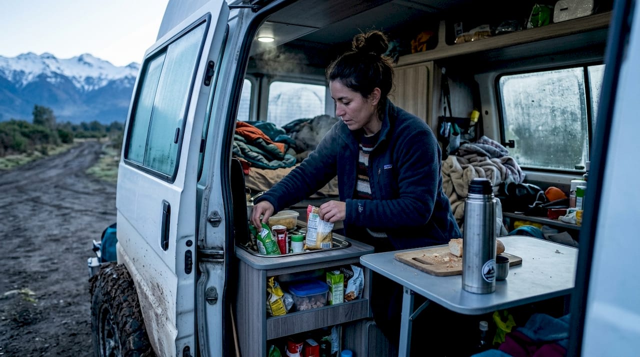 Aventurera acomodando su furgoneta junto a las montañas chilenas