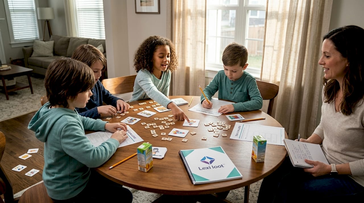 Children collaborating during word game