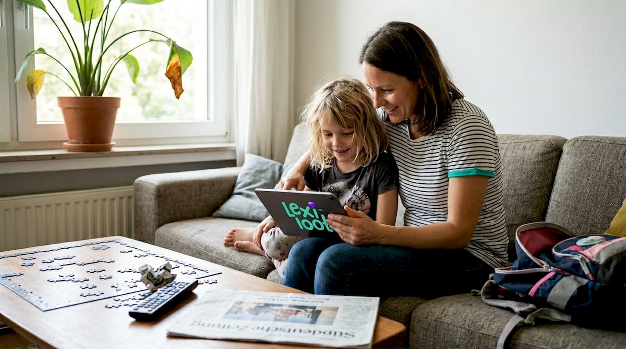 Mutter und Tochter machen es sich auf dem Sofa gemütlich und spielen gemeinsam ein Wortspiel.