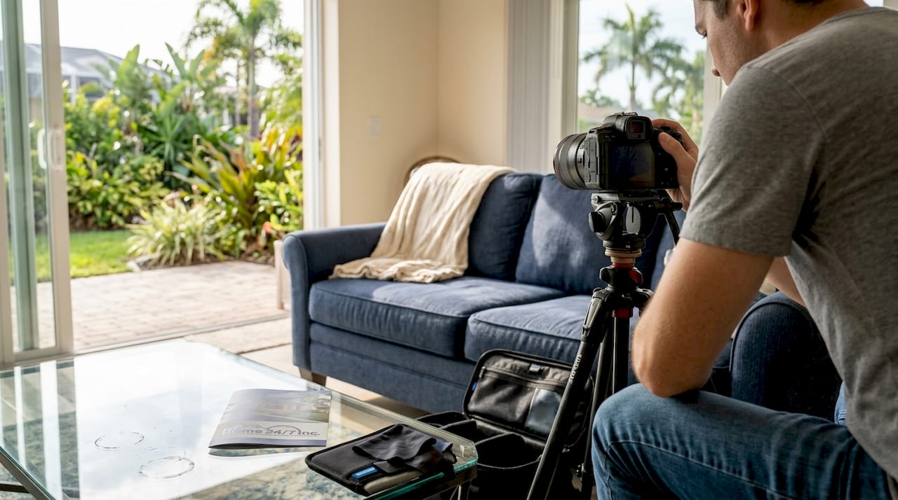 Photographer setting up for rental property photos