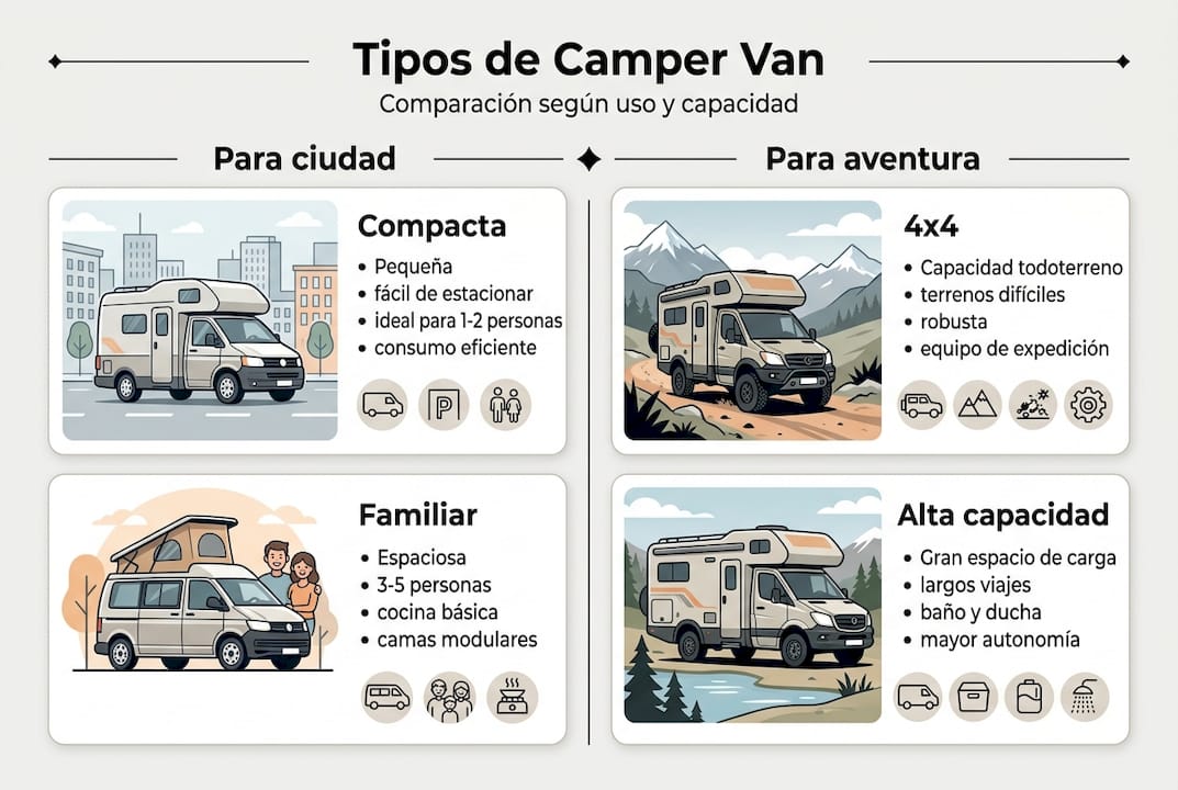 Guía visual para comparar los diferentes tipos de camper van disponibles en Chile