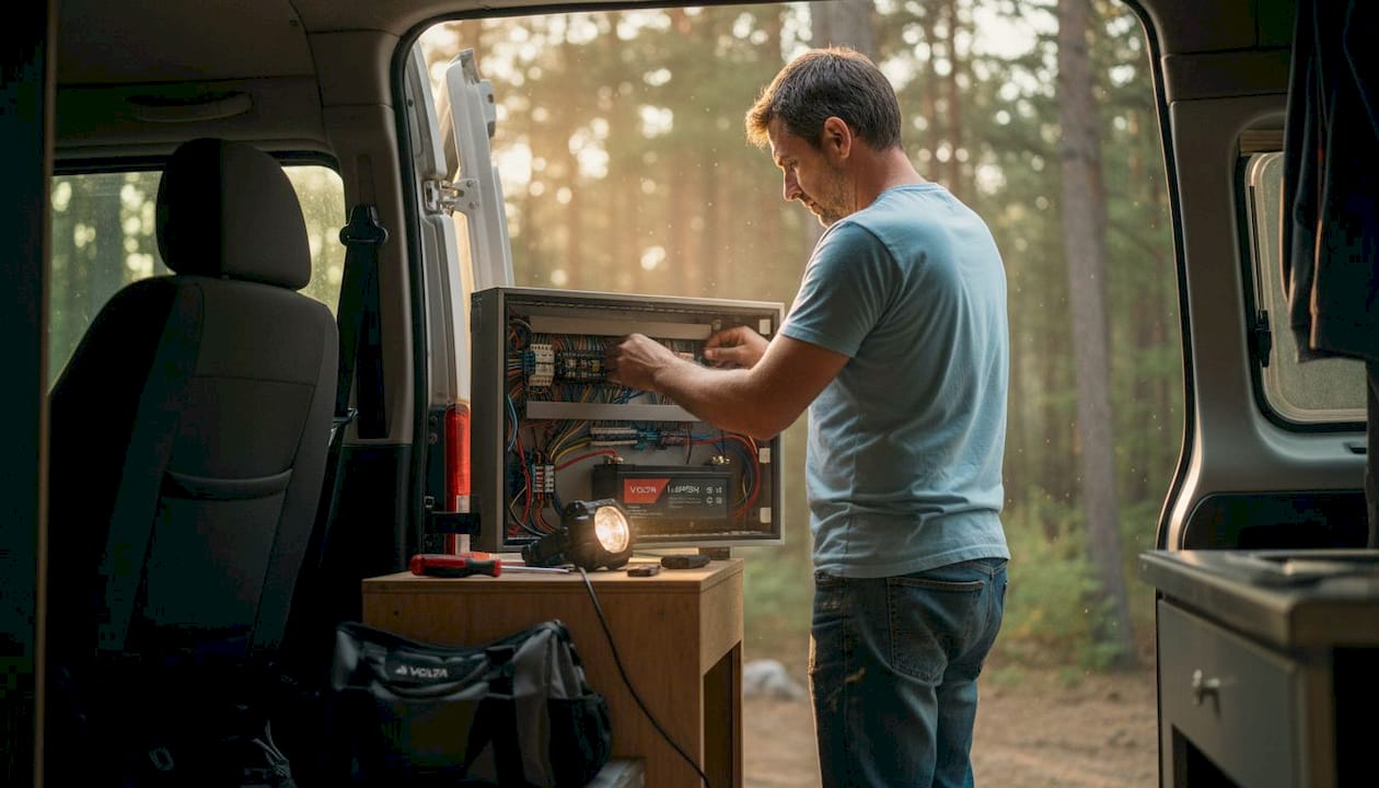 Un hombre inspecciona el sistema eléctrico de una furgoneta camper.