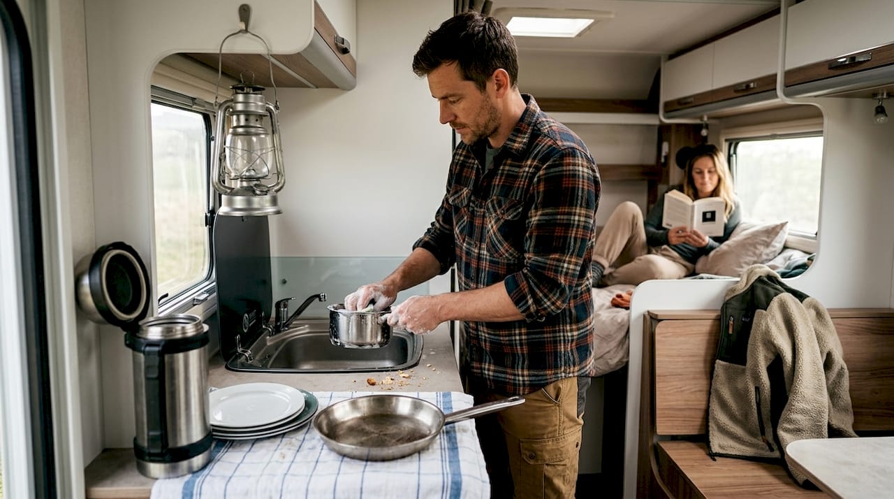 Ambiente acogedor dentro de una camper, donde unos viajeros preparan la comida mientras otros se relajan y disfrutan del momento.