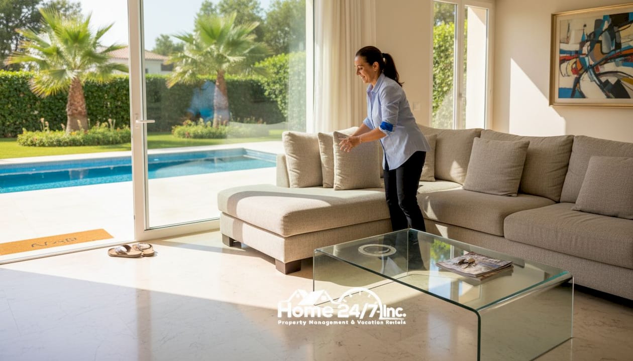 Top vacation rental types to maximize Cape Coral income 1 Housekeeper tidies Cape Coral luxury villa rental