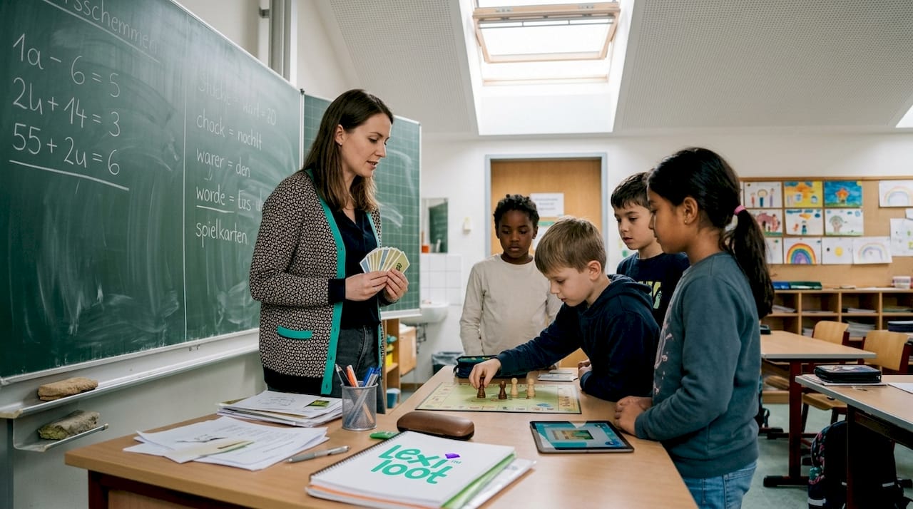 Eine Lehrerin stellt ihrer Klasse ein neues Lernspiel an der Tafel vor.