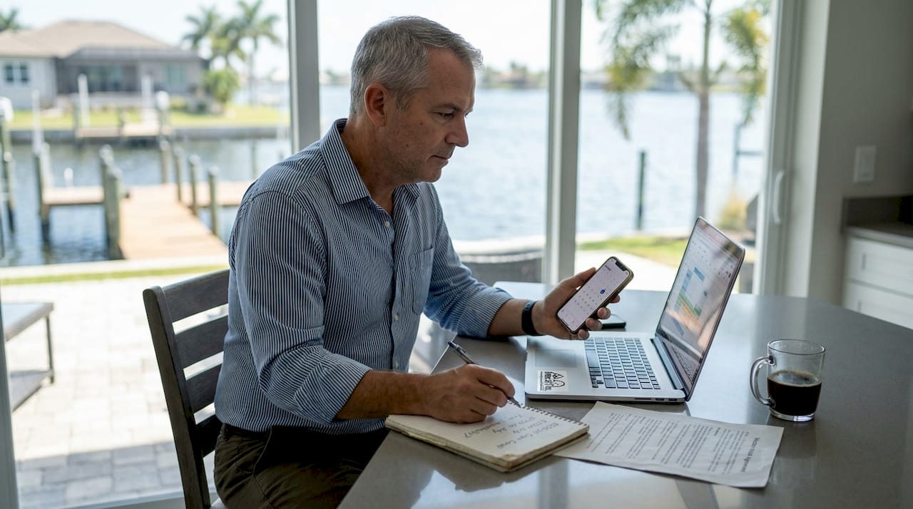 Manager adjusting rental rates on laptop and phone