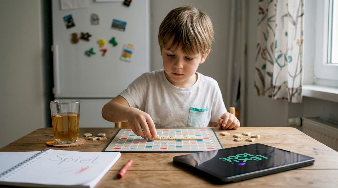 Ein Junge sitzt am Küchentisch und vertieft sich in ein Wortspiel.