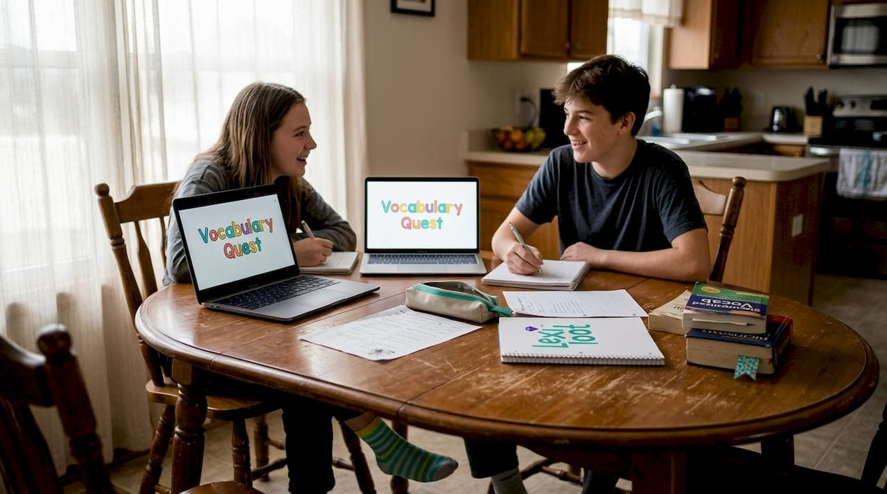 Kids studying vocabulary together at table