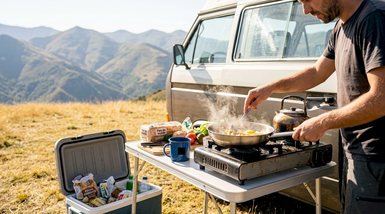 Preparando comida en plena naturaleza con una cocina portátil para camping