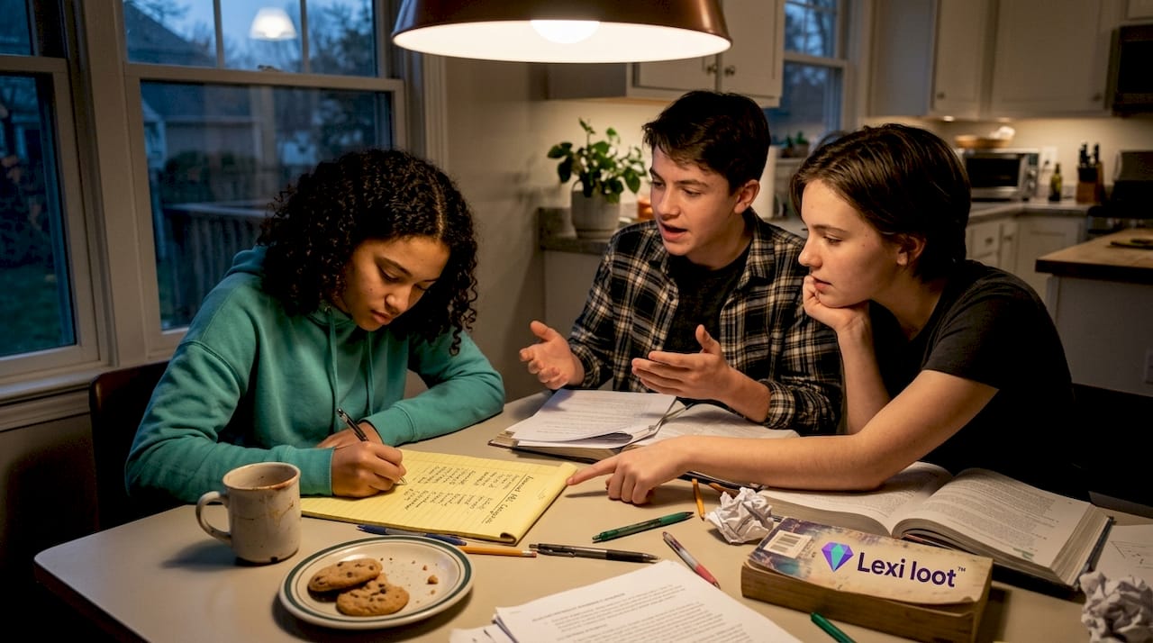 Teens brainstorming at kitchen table for ABC game