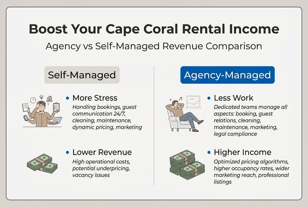 Why use a rental agency in Cape Coral? Boost income 1 Infographic comparing agency versus self-management income