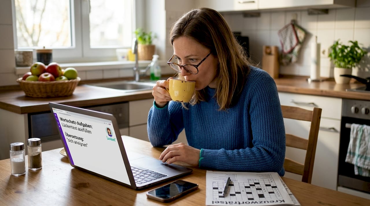 Eine Frau sitzt in der Küche und paukt Vokabeln am Laptop.