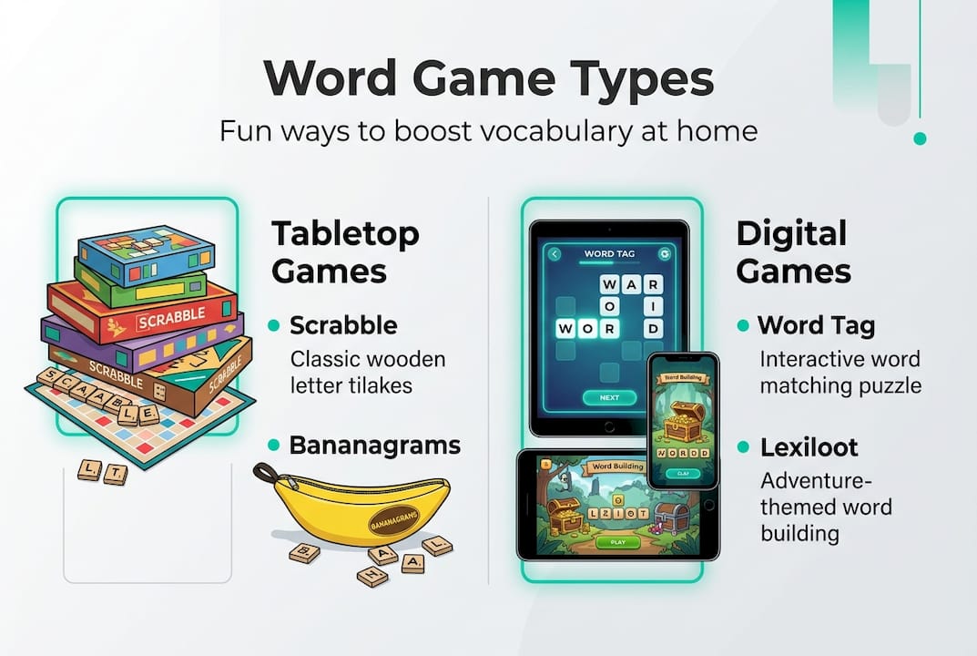 Infographic with types of family word games