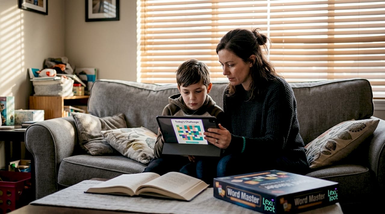 Parent and child playing digital word game