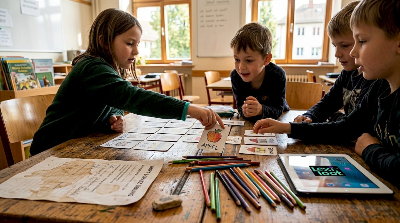 Im Klassenzimmer spielen die Kinder ein Wort-Memory und haben dabei sichtlich Spaß am gemeinsamen Rätseln.