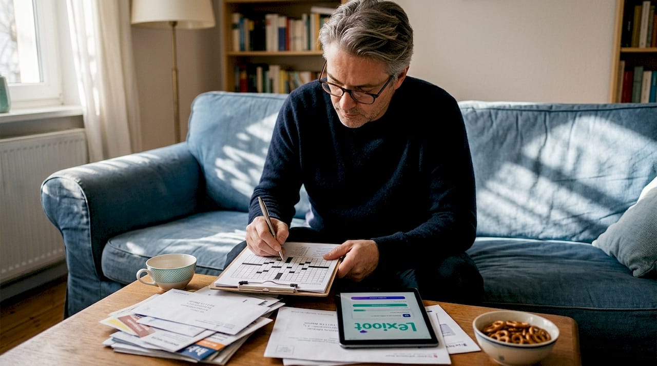 Man solving crossword on sofa with pen