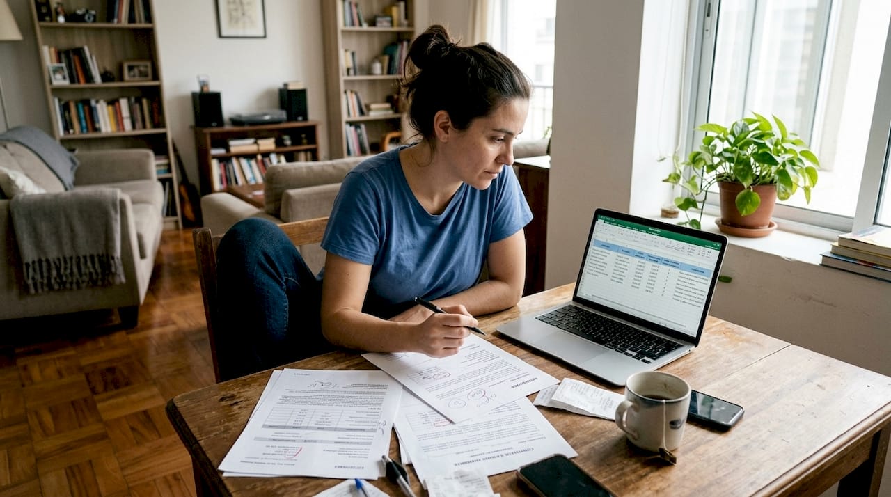 Una mujer analiza diferentes opciones de alquiler, comparando precios y condiciones antes de tomar una decisión.