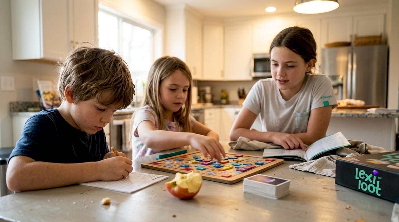 Children playing board game at kitchen table