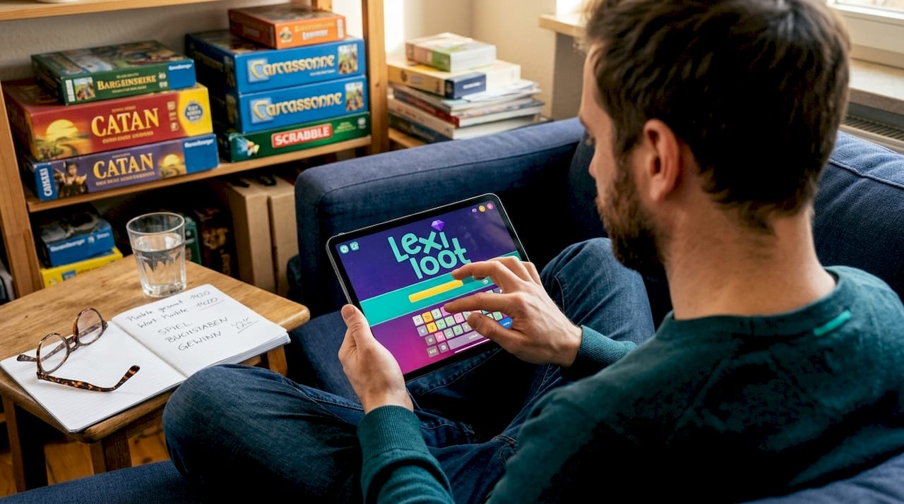 Ein Mann sitzt gemütlich zu Hause und spielt auf seinem Tablet ein Wortspiel.