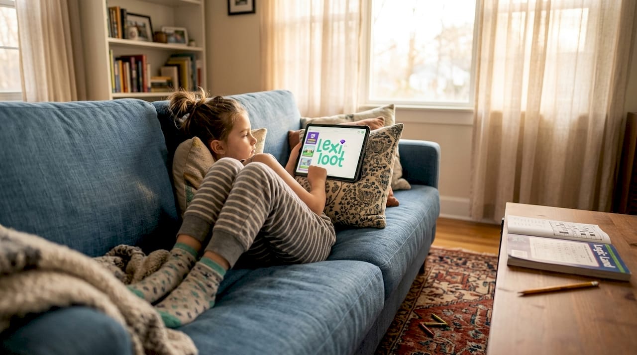 Child reading educational app on couch