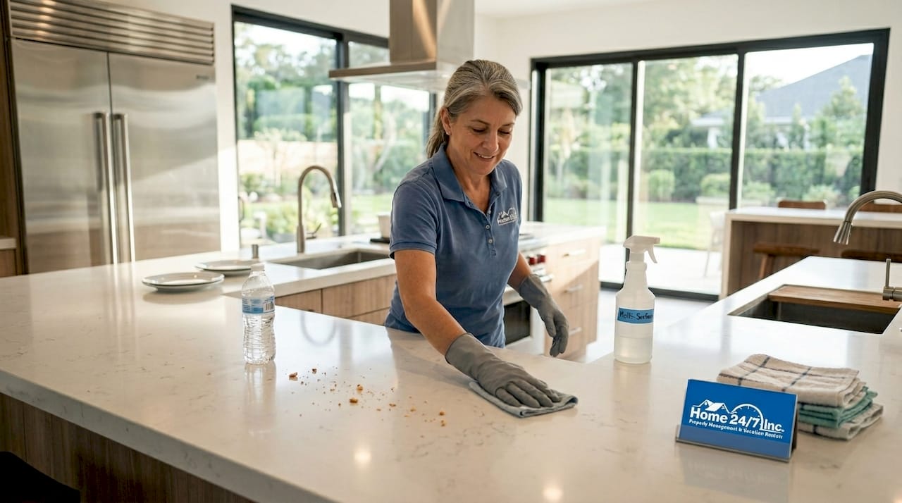 Manage Cape Coral luxury rentals for maximum profit 2 Rental cleaning staff working in modern kitchen