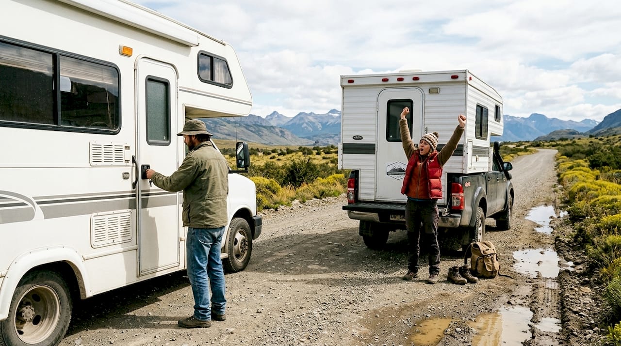Motorhome y casa rodante detenidos en un camino rural de Chile