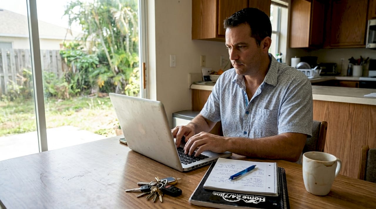 Top property marketing strategies for Cape Coral rentals 1 Property manager updating rental listing at kitchen table
