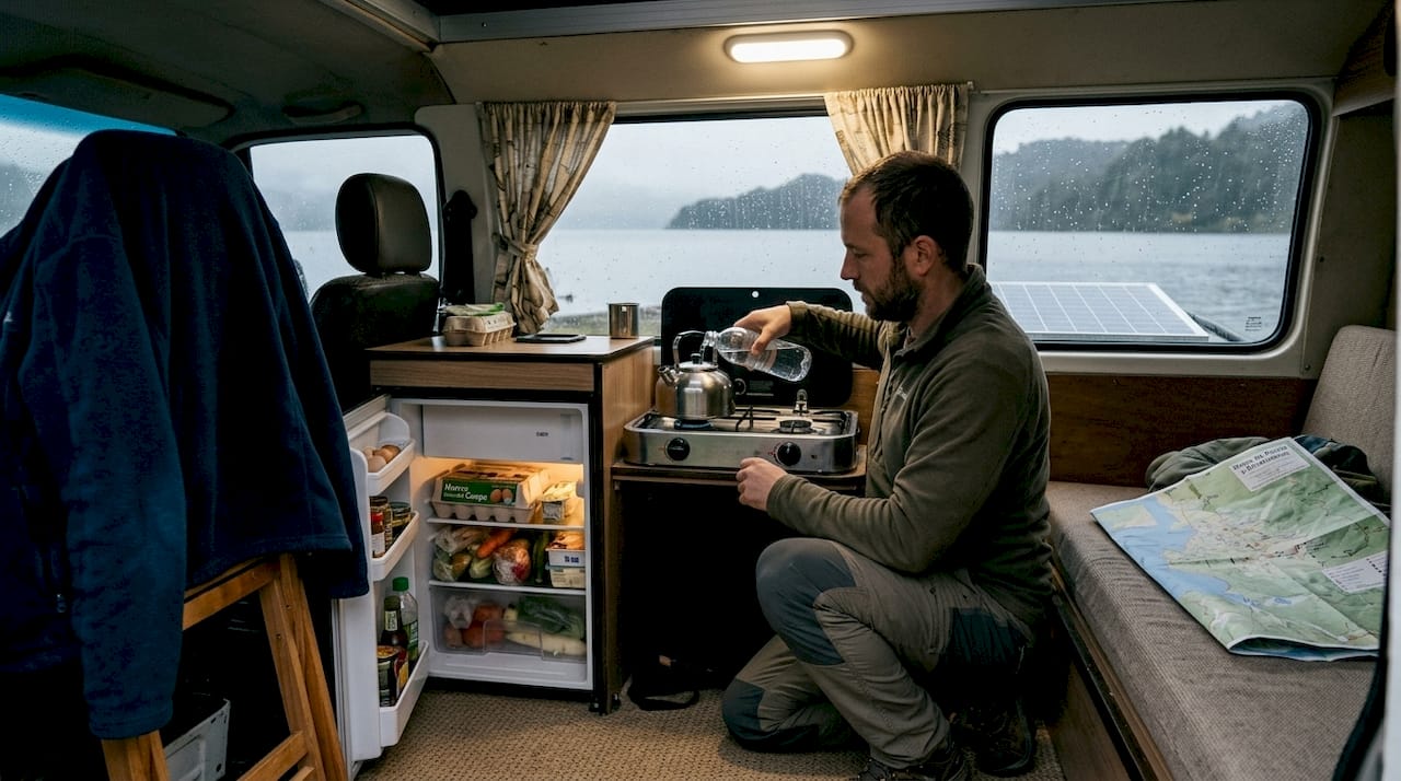 Un hombre cocina en el interior de una furgoneta camper, rodeado de un ambiente cálido y acogedor.
