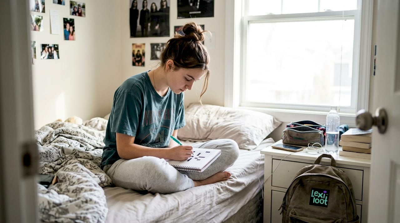 Teen working on crossword in casual bedroom